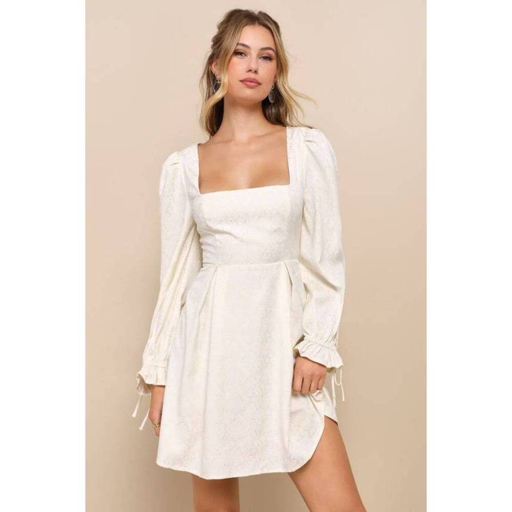 Lulus Elegant Adoration Cream Floral Jacquard Long Sleeve Mini Dress White